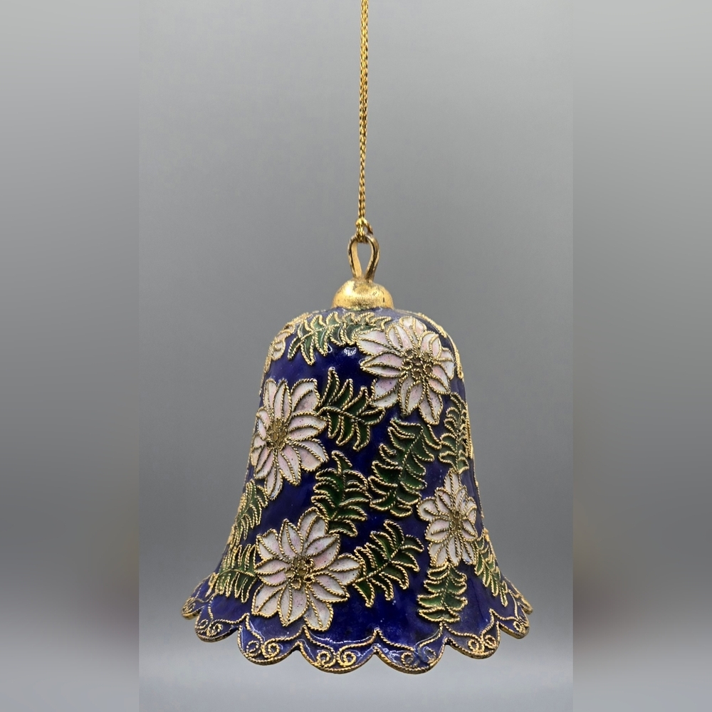 Cloisonné Bell Ornament w/ Clapper Cobalt Blue White Green Gold 2½" Tall 3" Diam